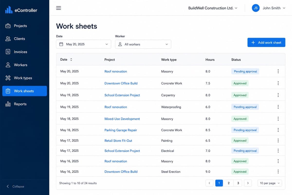 Work sheets screen with daily hours and approval status